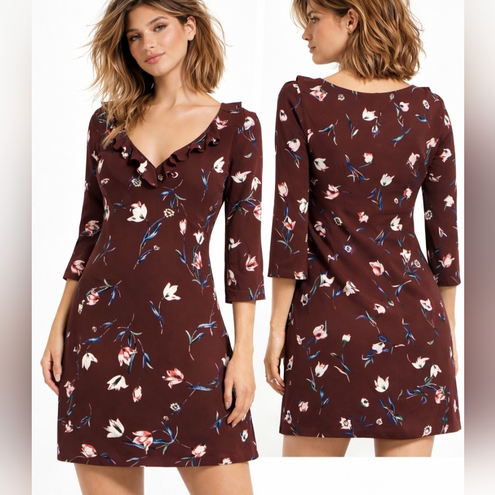 Nwt Cooper & Ella Autumn Floral Print Brown Dress Ruffled Vneck